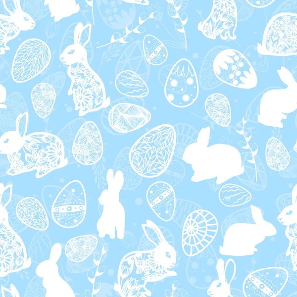 Vector illustration. Seamless pattern. Easter eggs. Leaves and willow branch. Easter bunny. Card Blue background — Stock Illustration Vector Illustration Seamless Pattern Easter Eggs Leaves Willow Branch Easter Vector Graphics
