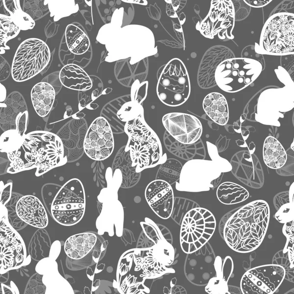 Vector illustration. Seamless pattern. Easter eggs. Leaves and willow branch. Easter bunny. Card gray background — Stock Illustration Vector Illustration Seamless Pattern Easter Eggs Leaves Willow Branch Easter Royalty Free Stock Illustrations