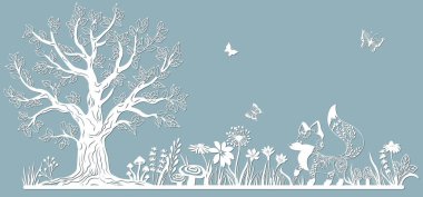 Kağıttan lazerle kesilecek bir şablon. Mantarlı, otlu, kelebekli, odunlu ve çiçekli sıra. Dekorasyon ve tasarım için. Lazer kesme ve çizim şablonu. Vektör çizimi. Lazer kesim ve serigrafi için desen