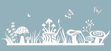 Kağıttan lazerle kesilecek bir şablon. Mantarlı, otlu, mantarlı ve kelebekli sıra. Dekorasyon ve tasarım için. Lazer kesiği. Lazer kesme ve çizim şablonu. Vektör çizimi. Lazer kesiği, serigrafi, plott için desen