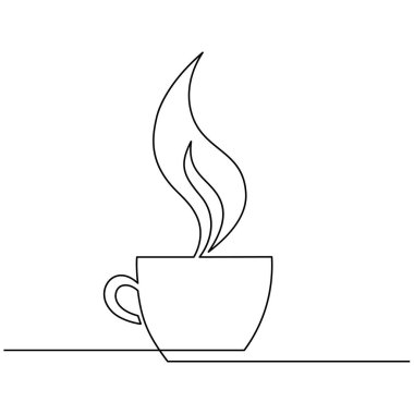 Bir fincan kahve, fincanın üzerindeki buhar beyaz arka planda bir çizgi ile çizilir. Tek çizgi çizimi. Devamlı bir çizgi. Vektör