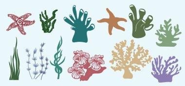 yosun, mercan, kelp, laminarya, makrostis, kahverengi alg, rockweed, Fucus, Posidonia). Vektör çizimi. Kağıttan deniz hayvanları etiketleri. Lazer kesiği. Lazer kesme, çizim ve ekran yazdırma için şablonu ayarlayın. Vektör çizimi. Çıkartma ayarlandı