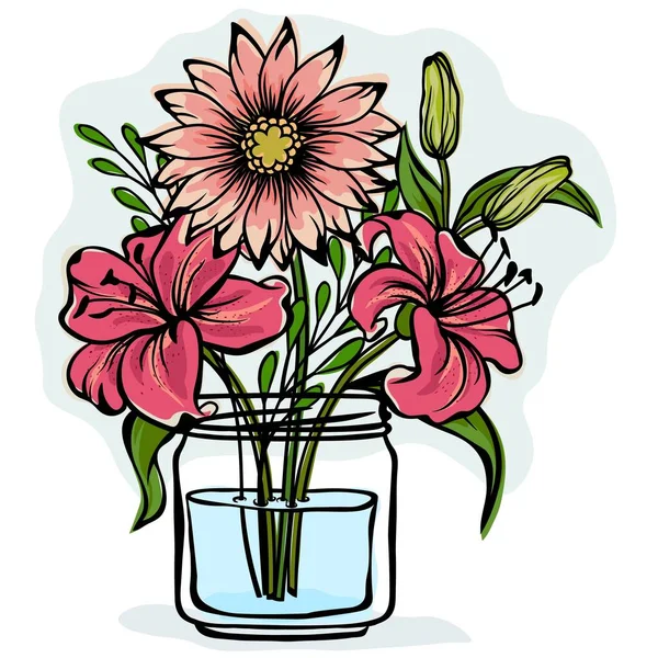 Lily Chrysant Een Glazen Pot Vector Pictogram Witte Achtergrond — Stockvector