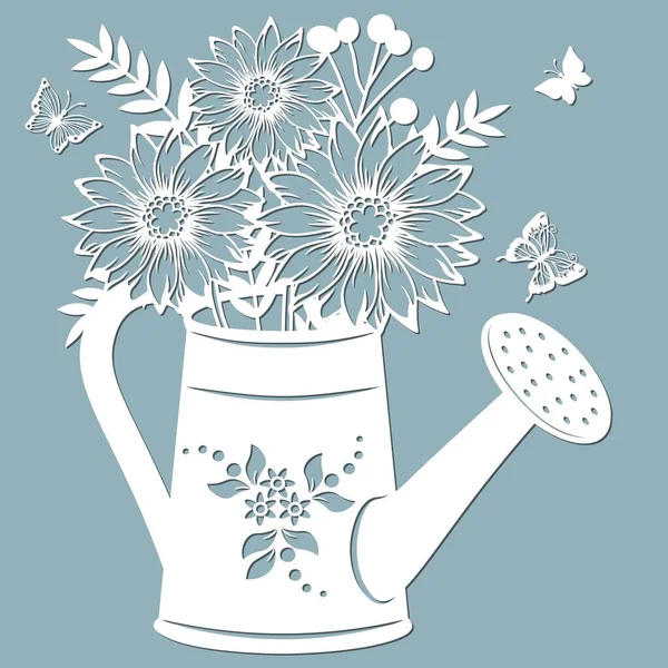 Kasımpatı bir kavanoz suyun içinde. Sulama kutusu. Vektör çizimi. Kağıt çiçek, çıkartmalar. Lazer kesiği. Çizim için şablon. Lazer kesim, serigrafi, çizici ve ekran yazdırma için desen