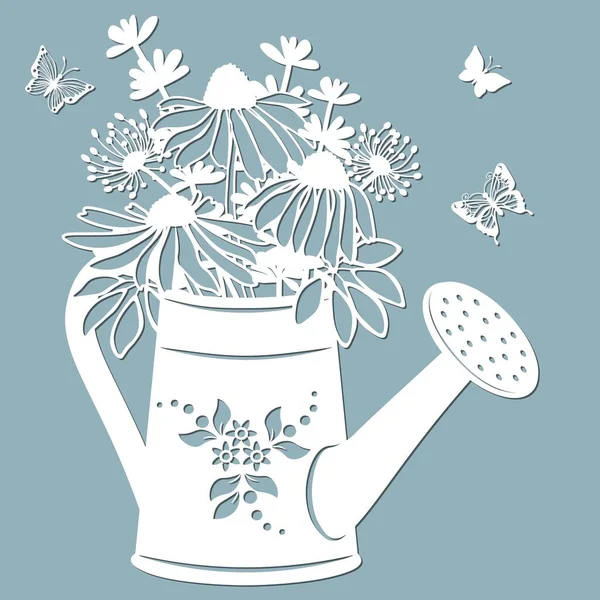 Echinacea, dandelions with Scheffler in a jar of water. watering can. Vector illustration. Paper flower, stickers. Laser cut. Template for Plotter. Pattern for the laser cut, serigraphy, plotter and screen printing