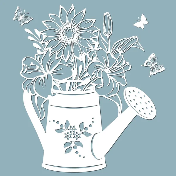 Chrysant Lily Een Pot Water Een Gieter Vector Illustratie Papieren — Stockvector