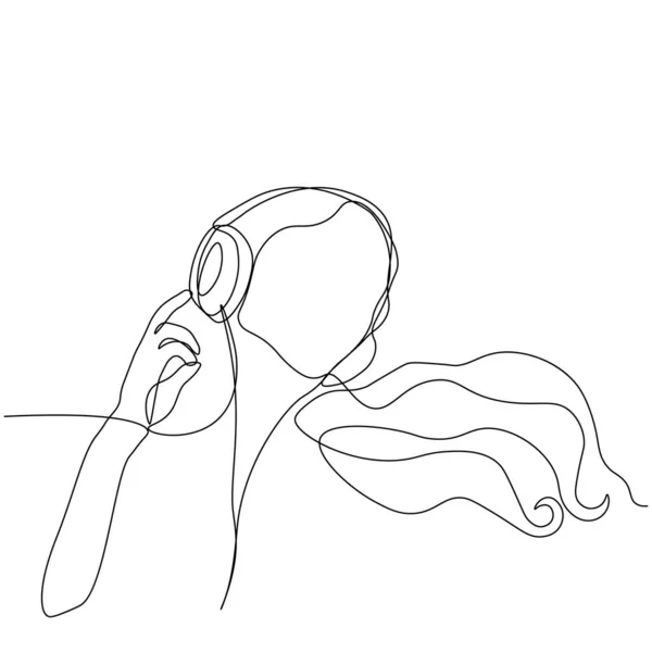 Girl Drawn One Black Continuous Line Girl Listening Music Headphones — Stock Vector