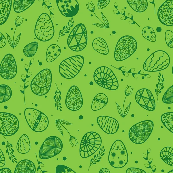 Vector illustration. Seamless pattern. Easter eggs. Leaves and willow branch. Easter. Card green background. Tulip — Stock Illustration Vector Illustration Seamless Pattern Easter Eggs Leaves Willow Branch Easter Stock Vector