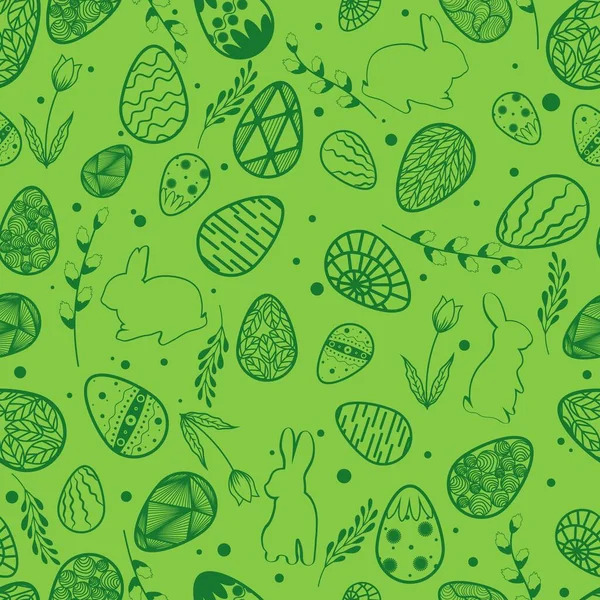 Vector illustration. Seamless pattern. Easter eggs. Leaves and willow branch. Easter bunny. Card green background — Stock Illustration Vector Illustration Seamless Pattern Easter Eggs Leaves Willow Branch Easter Royalty Free Stock Vectors