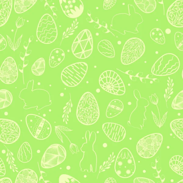 Vector illustration. Seamless pattern. Easter eggs. Leaves and willow branch. Easter bunny. Card green background — Stock Illustration Vector Illustration Seamless Pattern Easter Eggs Leaves Willow Branch Easter Vector Graphics