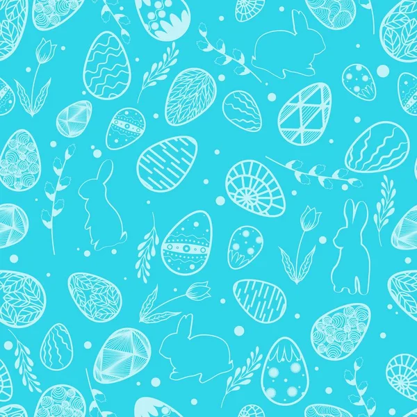 Vector illustration. Seamless pattern. Easter eggs. Leaves and willow branch. Easter bunny. Card Blue background — Stock Illustration Vector Illustration Seamless Pattern Easter Eggs Leaves Willow Branch Easter Royalty Free Stock Illustrations