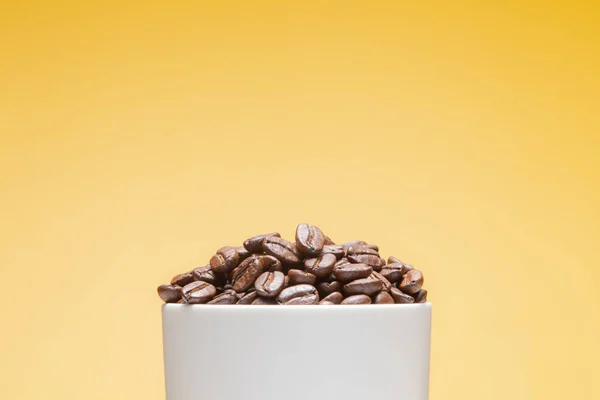 Coffee Beans White Cup Isolated Yellow Background — Stock Photo, Image