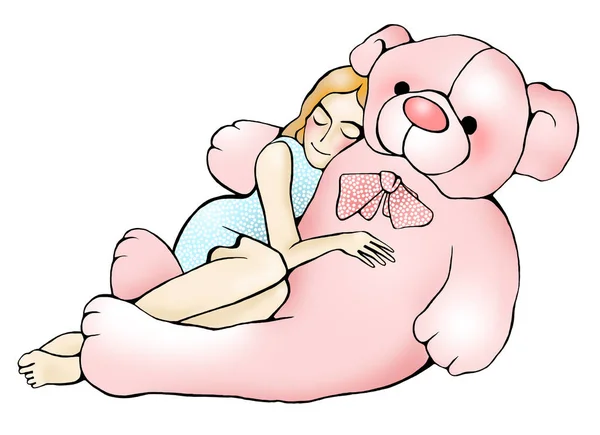 Büyük yumuşak pembe bir ayı ve mutlu kız