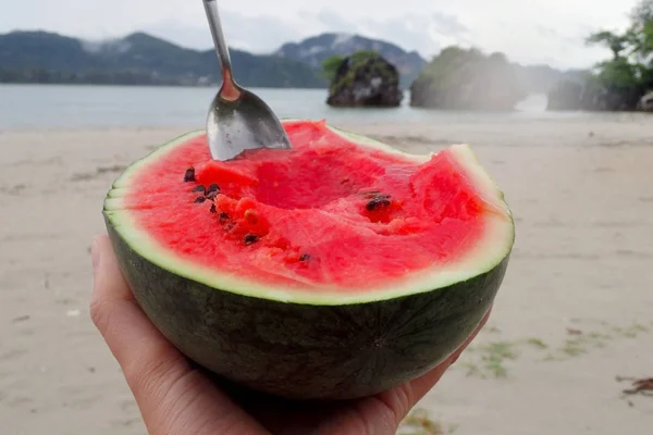 海滩上的一块红色西瓜 — 图库照片