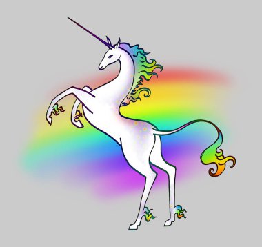 Gökkuşağı arka plan üzerinde beyaz tek boynuzlu at