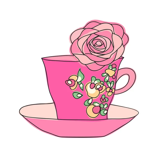 Élégante Tasse Soucoupe Sur Coupe Sont Peintes Des Fleurs Intérieur — Image vectorielle