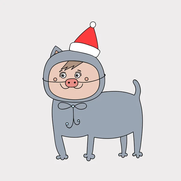 Kucing Lucu Dengan Topi Natal Menyamar Sebagai Babi Gambar Vektor - Stok Vektor