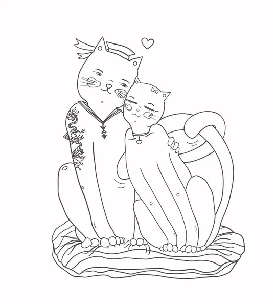 Dwa Koty Siedzą Razem Przytulić Długiej Rozłące Wektor Ilustracja Kontur — Wektor stockowy