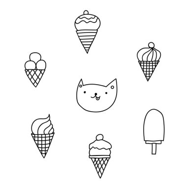 Şirin kedi dudaklarını yalıyor ve dondurmaya bakıyor. kontur illüstrasyonu.