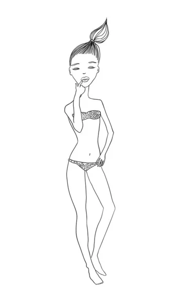 Ilustracja Konturu Dziewczyna Stoi Kostiumie Kąpielowym Zamyka Oczy Myśli Ilustracja — Wektor stockowy