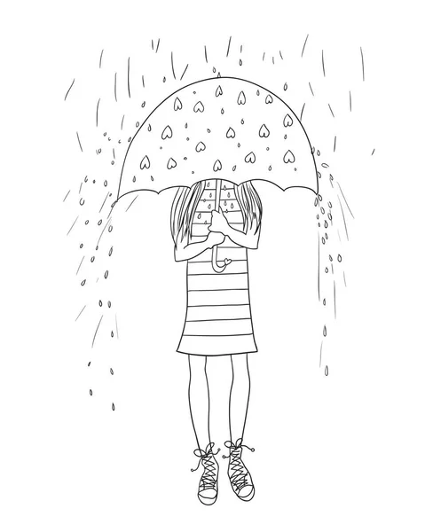 Konturabbildung Mädchen Steht Unter Einem Regenschirm Regnet Und Ein Mädchen — Stockvektor