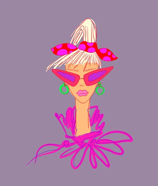 スタイリッシュなサングラスのファッショナブルな女の子 トレンドファッションカラー 輪郭ベクトル図 — ストックベクタ