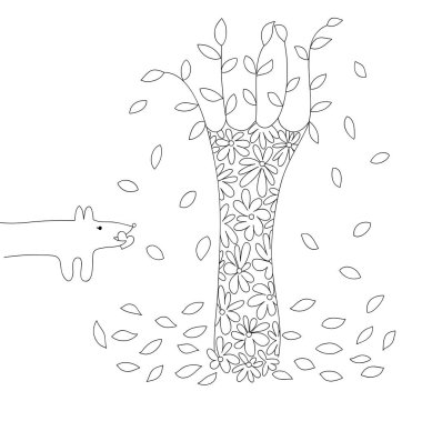 Köpeğin ağzında bir kalp var ve yanında çiçekli bir ağaç duruyor ve yapraklar dökülüyor. vektör konumu illüstrasyonu