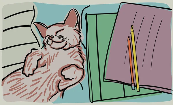 Cute Szczęśliwy Kot Leży Oczami Zamkniętymi Obok Podręczników Notebooków Ilustracja — Wektor stockowy