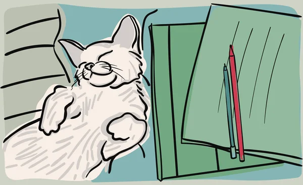 Cute Szczęśliwy Biały Kot Leży Oczami Zamkniętymi Obok Podręczników Notebooków — Wektor stockowy