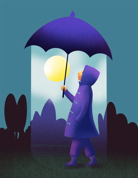 Girl holding umbrella with sunny weather under umbrella. Think positive theme. Original illustration from imagination.