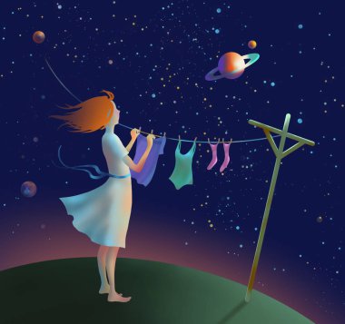 Dünya Çamaşırhane yıldızlı gece gökyüzüne bakan süre asılı kadın Illustration. Hayal üzerinden evrensel bağlantılılık kavramı.