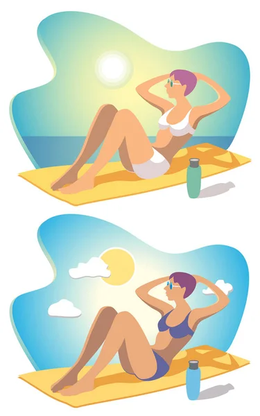 Summer Sunbathing and Exercise at Beach — Stock Vector