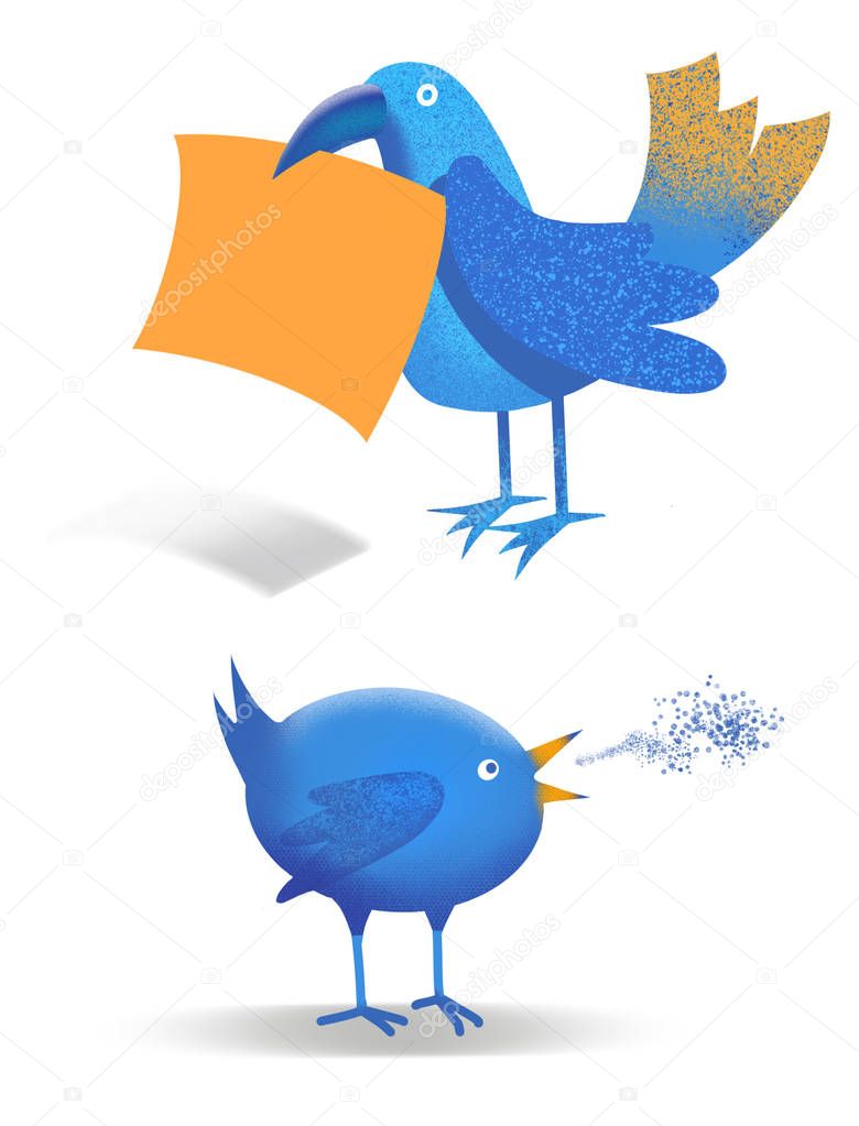Two Whimsical Blue Birds of Happiness Twittering the News