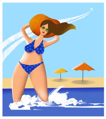 Sahilde suya sıçrayan stilize bir kadın. Katılımcı tarafından renkli basit grafik biçimi özgün raster illüstrasyonu.