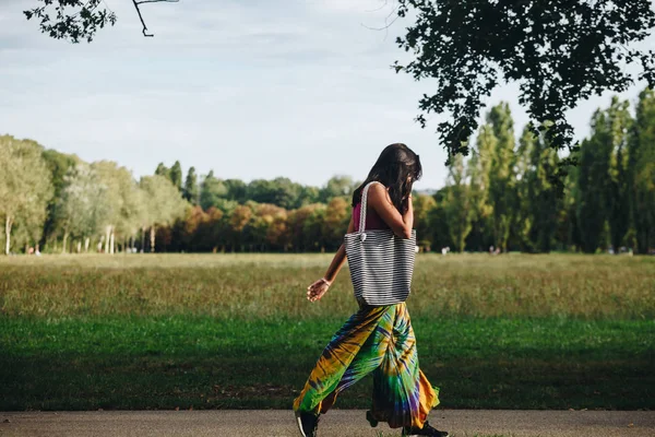 Girl Walking Park Colorful Dress North Park Milan — Stock Photo, Image