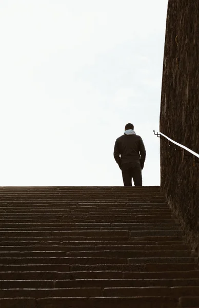 Alone Boy Man Silhouette Climbing Stairs Sunny Day Street Scene — Stock Photo, Image