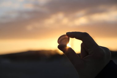 plaj gün batımında kabukta Close-up