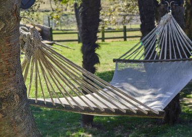 Bir çiftçi yakın güneşli bir günde ağacın altında hamak-dinlenme meditasyon konsepti rahatlayın.