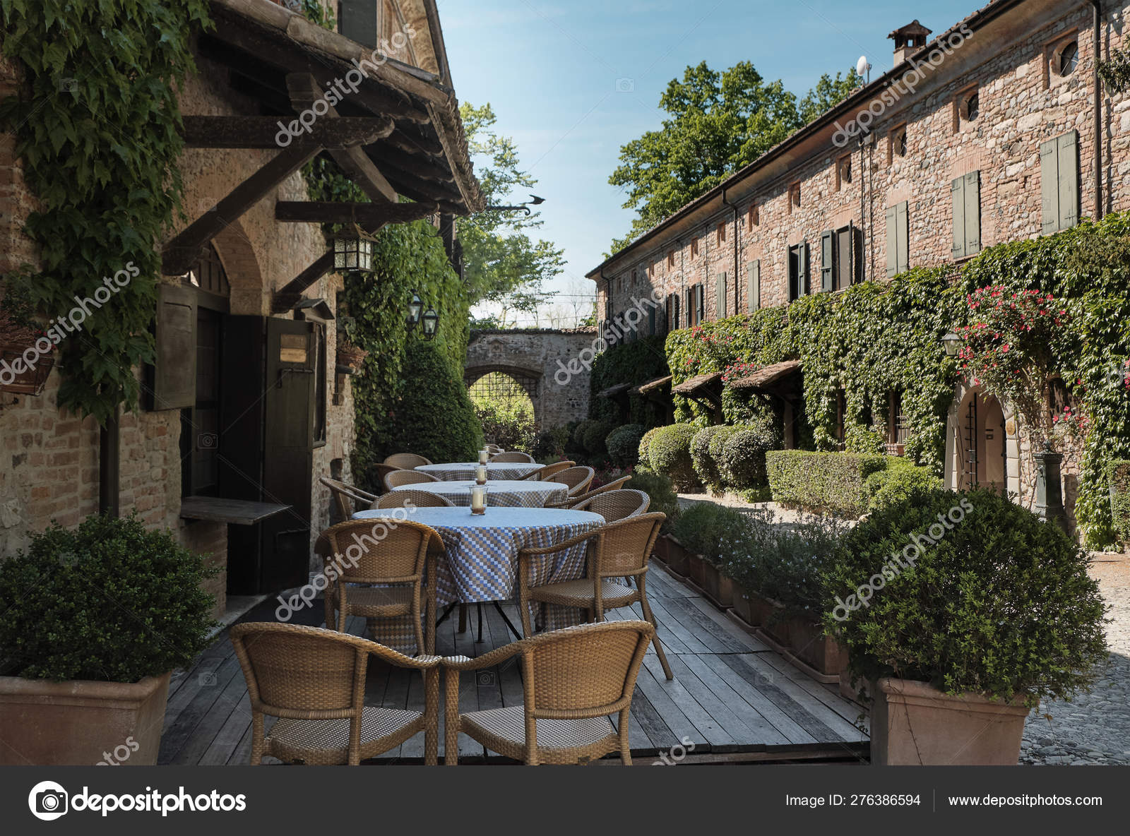 April 2019 Piacenza Italy Table And Chairs Of Restaurants In Front Of Historic Ancient Medieval Village Of Rivalta Castle Italian Relax And Style Life Piacenza Emilia Romagna