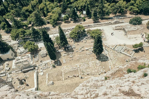 aerial view ancient ruins in the Acropolis area in a sunny day in the capital of Greece - Athens - travel destination concept.