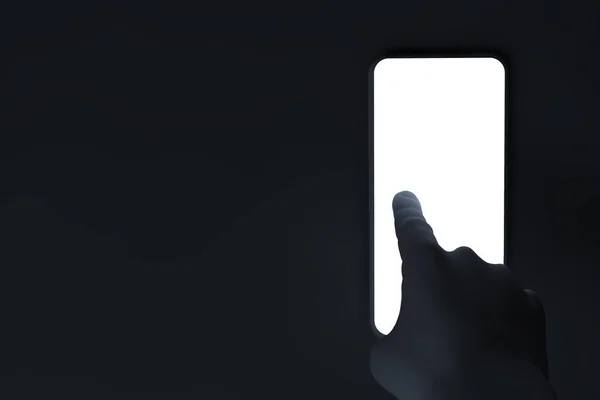 3d illüstrasyon veya 3d render - karanlık alanda veya odada beyaz ışık ile akıllı telefon dokunarak el adam parmak görünümü
