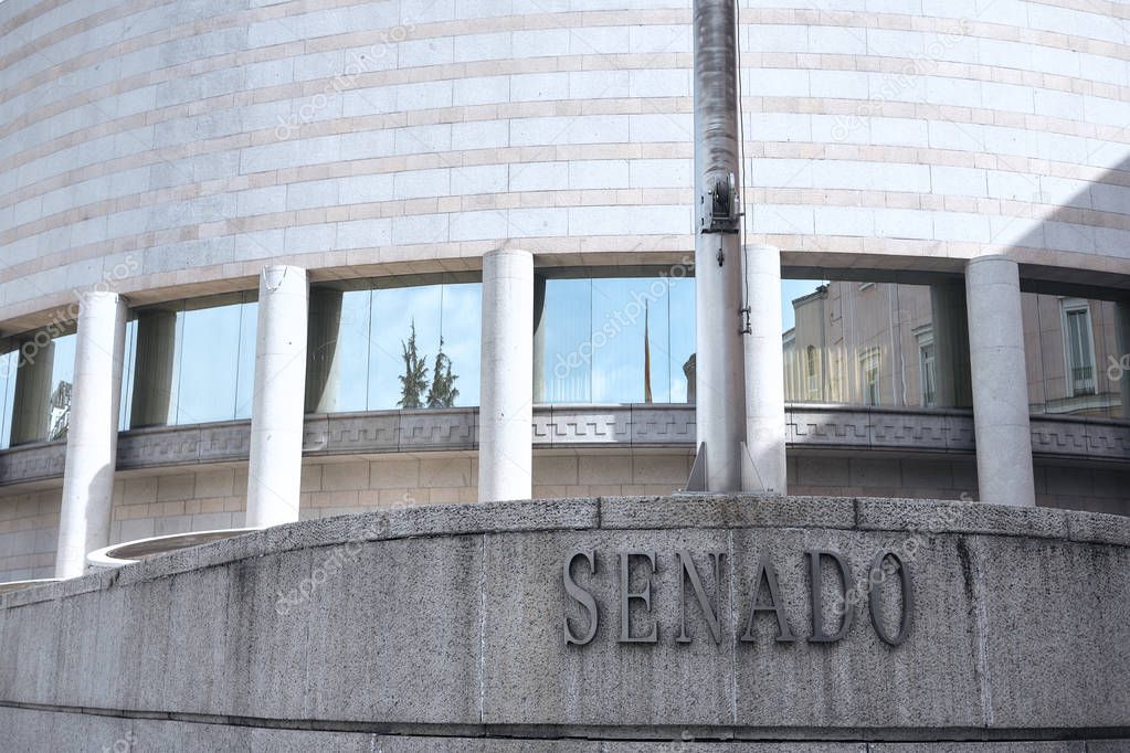 MADRID, SPAIN - SEPT 2019 - Building and facade of the Senate with sign (SENADO).