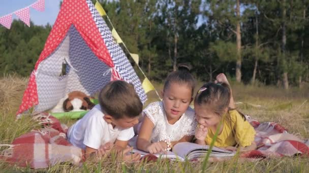 Children resting in nature, little cute friends enjoy resting into forest, read interesting book while lying on picnic coverings during summer holidays on background of wigwam — Stock Video