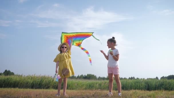 Dívky si hrají s drakem, malé šťastné přítelkyně spolu tráví čas trávení s leteckou hračkou v lesním mýtu během letních prázdnin — Stock video