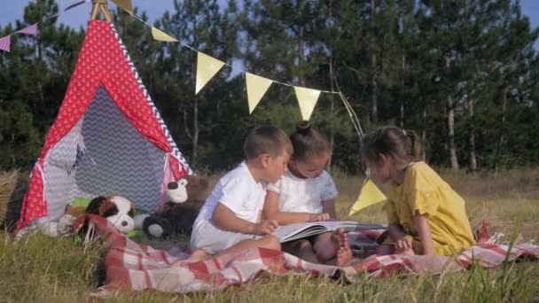 Glückliche Kinder haben Spaß beim Lesen in der Natur spannendes Buch für Kinder, während sie sich in der Natur entspannen, während sie im Wald vor dem Hintergrund von Wigwam entspannen — Stockvideo