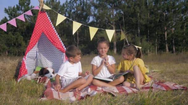 Amigos alegres crianças mostram rostos engraçados e brincam com livro no piquenique no fundo de bigwam durante fim de semana na floresta — Vídeo de Stock