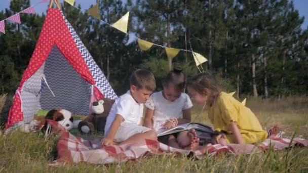 Pequenos amigos ler na natureza, crianças bonitos juntos ler crianças livro enquanto se divertindo ao ar livre no fundo de wigwam na floresta — Vídeo de Stock