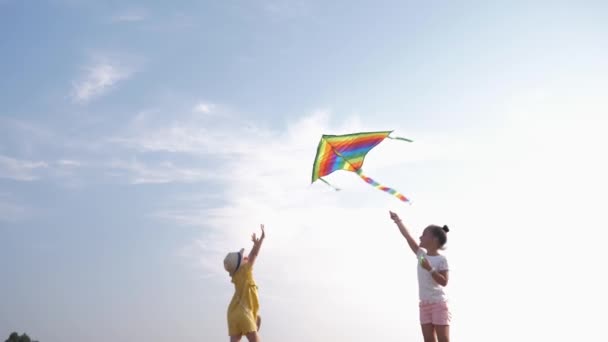 Kleine gelukkige vriendinnen spelen met Kite, mooie meiden besteden tijd buitenshuis aan het spelen met een lucht speeltje in bosglade tijdens landelijke vakantie, kinderen relatie — Stockvideo