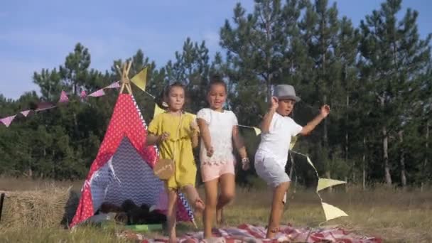 Fröhliche Kindheit, kleine schöne Mädchen und lustige Jungen tanzen emotional und haben Spaß beim Picknick auf einer Lichtung im Wald Hintergrund von Wigwam während sonniger Ferien auf dem Land — Stockvideo