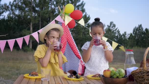 Merienda por la tarde, los niños hambrientos beber jugo en el picnic durante el verano fin de semana al aire libre telón de fondo de wigwam en el prado en el bosque — Vídeos de Stock